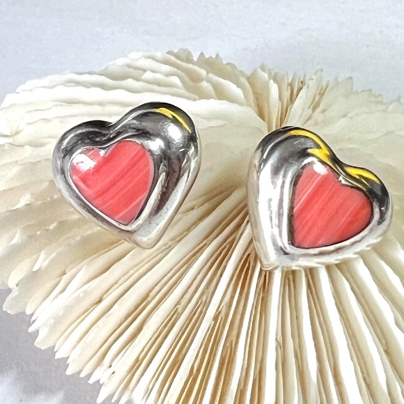Sterling Silver Vintage Jewelry Heart Earrings - Post Rhodochrosite 925 Mexico - Picture 2 of 8